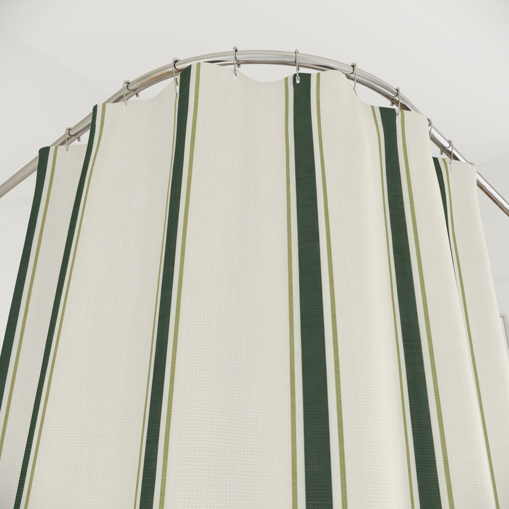 Green Striped Shower Curtain, Dark Green Pinstripe Bath Decor, Cream Farmhouse Pattern, Guest Bathroom Style, Classic Green Stripe Style