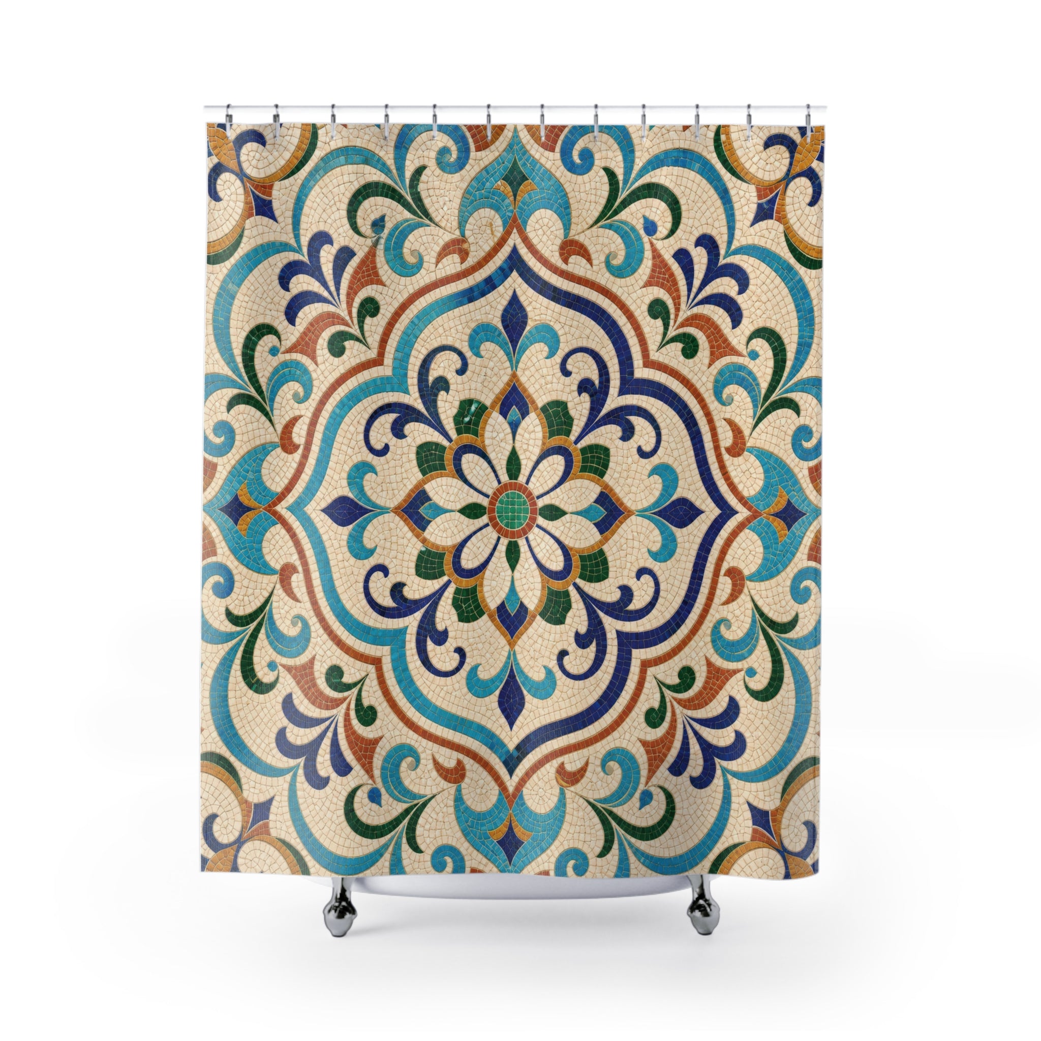 Mosaic Shower Curtain: Blue Green Yellow Tile Pattern