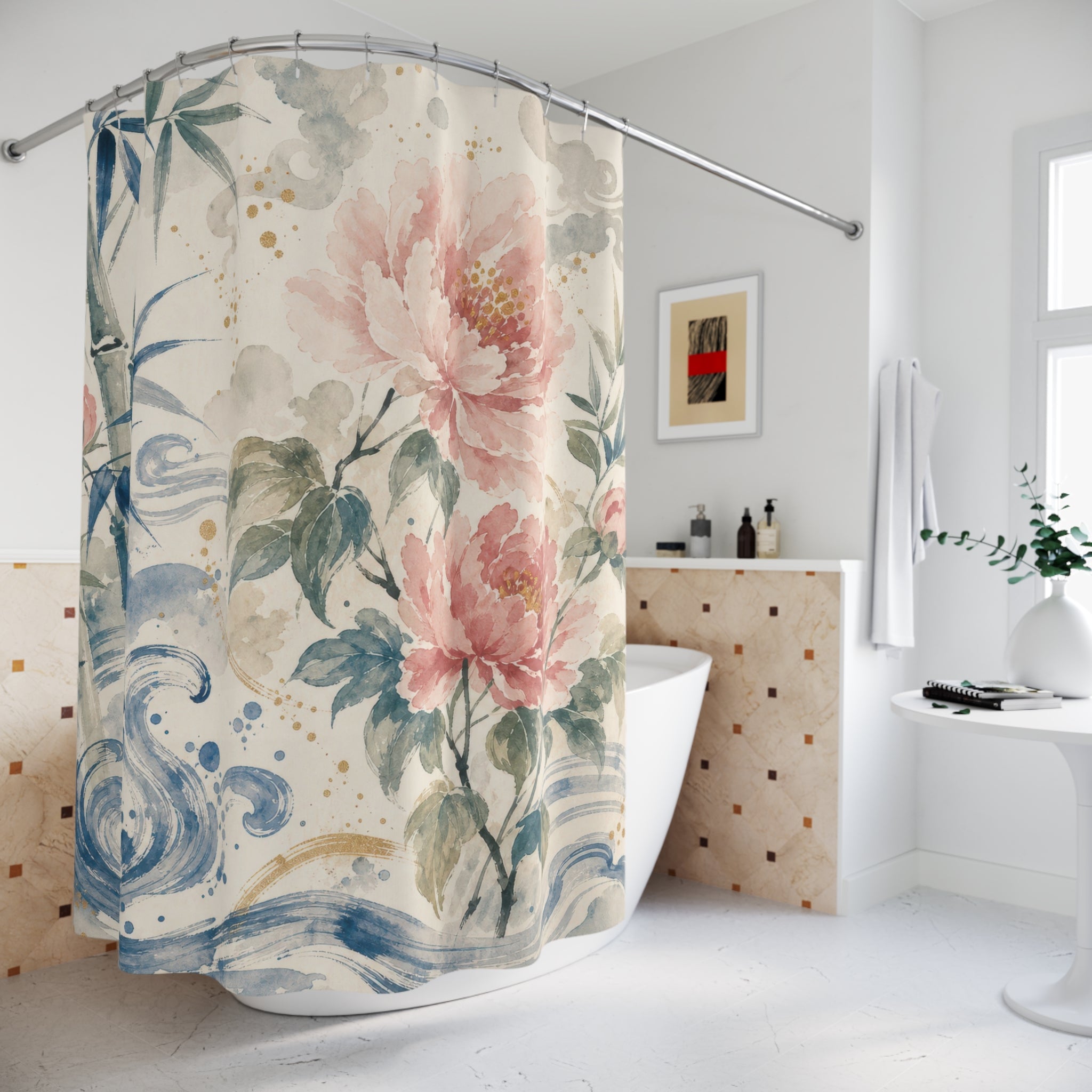 Blue White Chinoiserie Floral Beige Cream Gold Shower Curtain