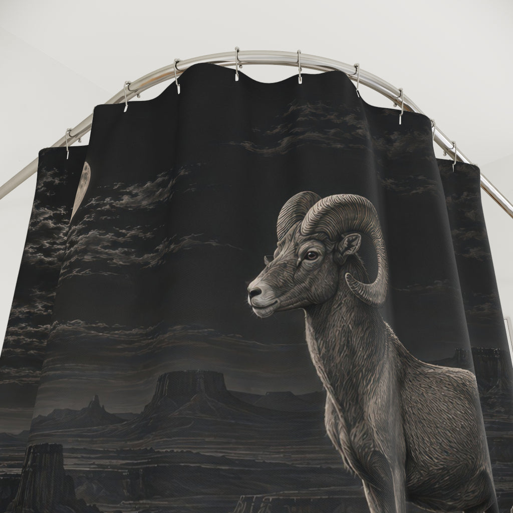 Bighorn sheep on a moonlit charcoal mountain ridge shower curtain with close-up print, hooks, and folds