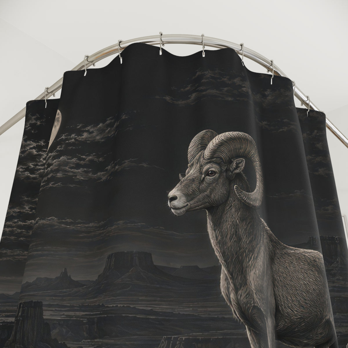 Bighorn sheep on a moonlit charcoal mountain ridge shower curtain with close-up print, hooks, and folds