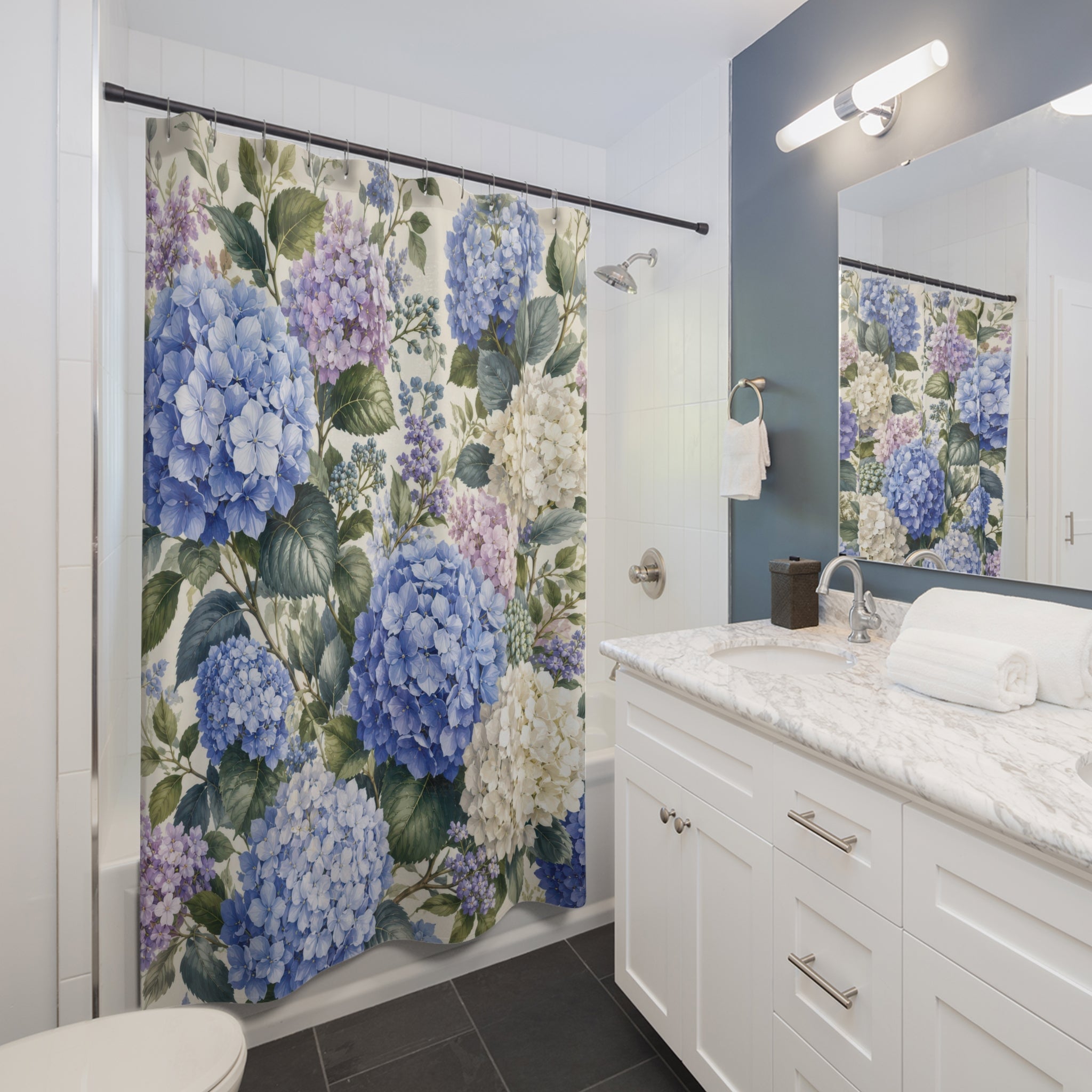 Hydrangea Shower Curtain: Blue Flower Botanical