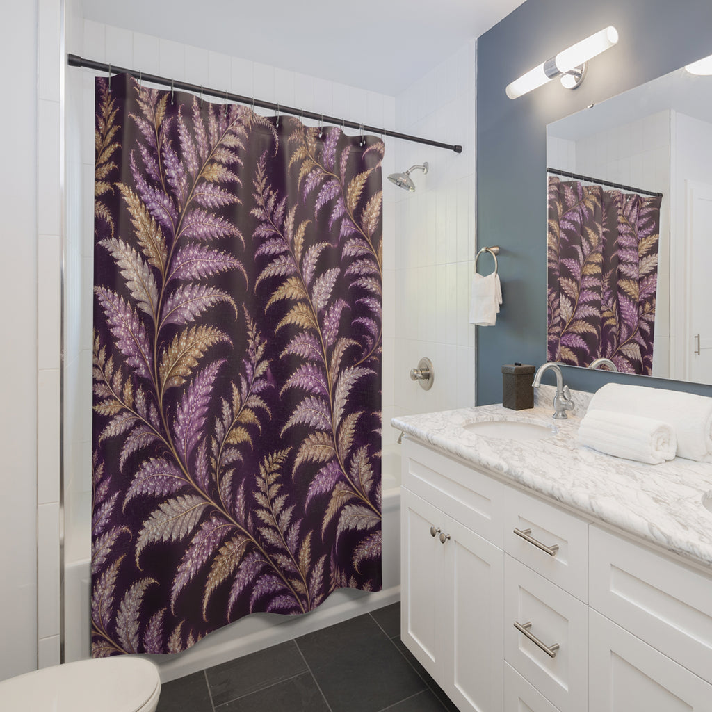 Lilac and gold-colored fern fronds on purple shower curtain beside a white vanity