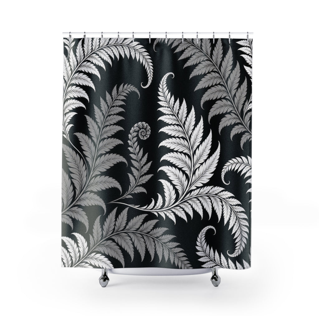 White and gray curling fern fronds on a black ground shower curtain with full front view