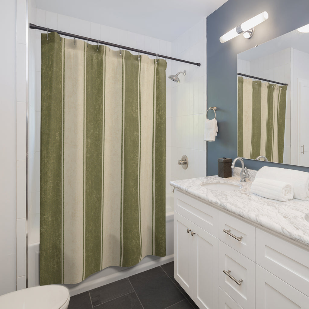 Olive Green Beige Block Stripe Shower Curtain