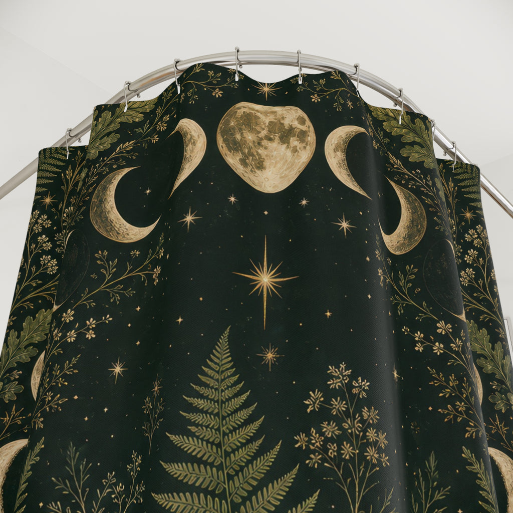 Witchy Moon Shower Curtain, Forest Green Botanical Bath Decor, Lunar Wreath Oak Fern Pattern, Dark Green Celestial Guest Bathroom Decor