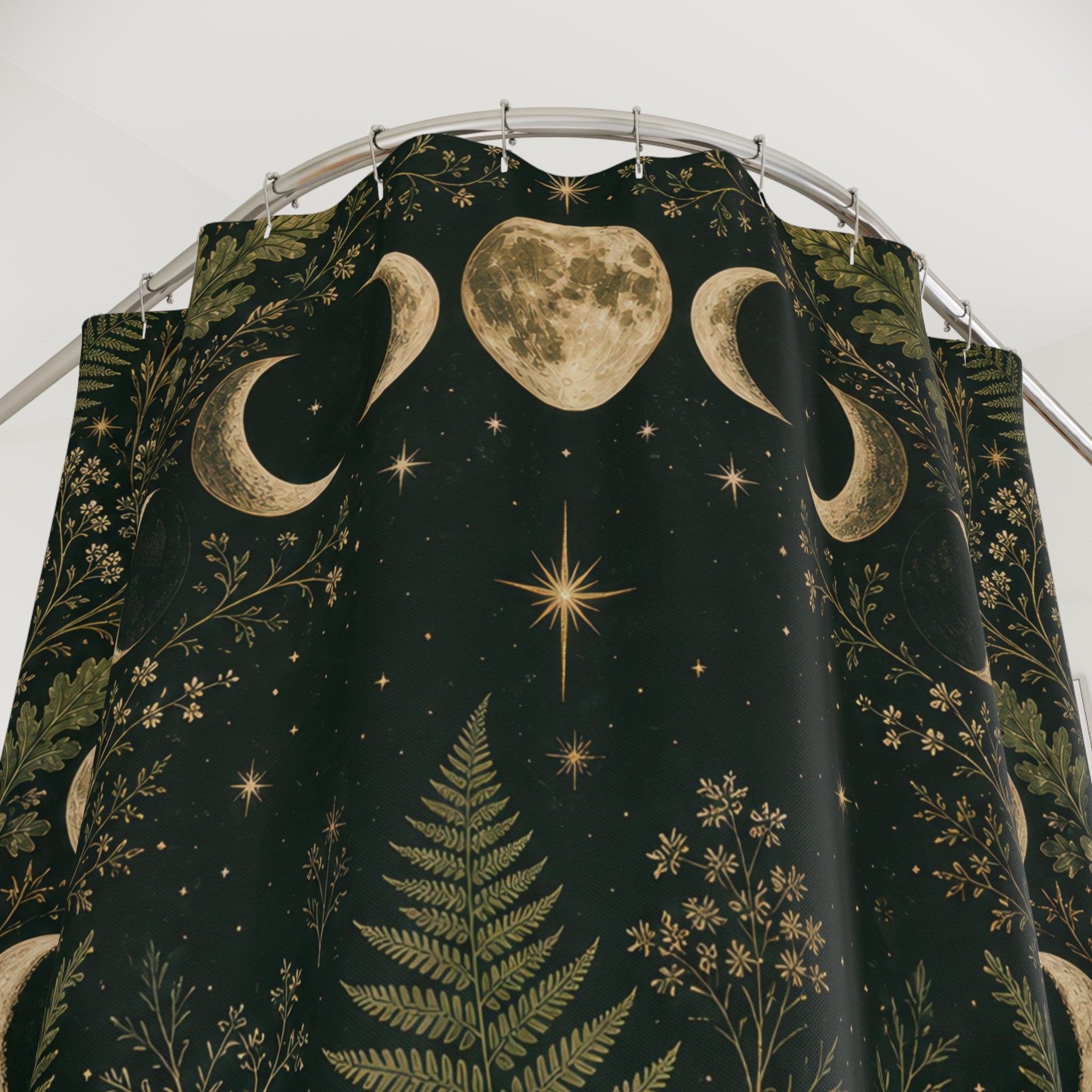 Witchy Moon Shower Curtain, Forest Green Botanical Bath Decor, Lunar Wreath Oak Fern Pattern, Dark Green Celestial Guest Bathroom Decor