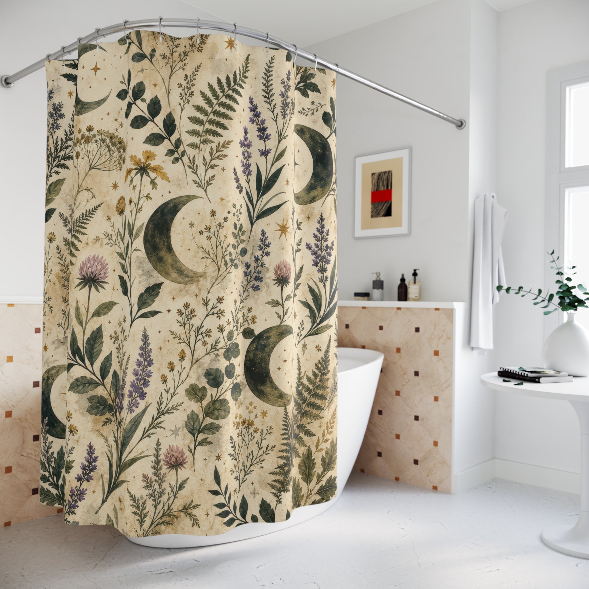 Painterly Moon Shower Curtain, Witchy Botanical Bath Decor, Herb Fern Floral Pattern, Ivory Green Celestial Nature Guest Bathroom Decor