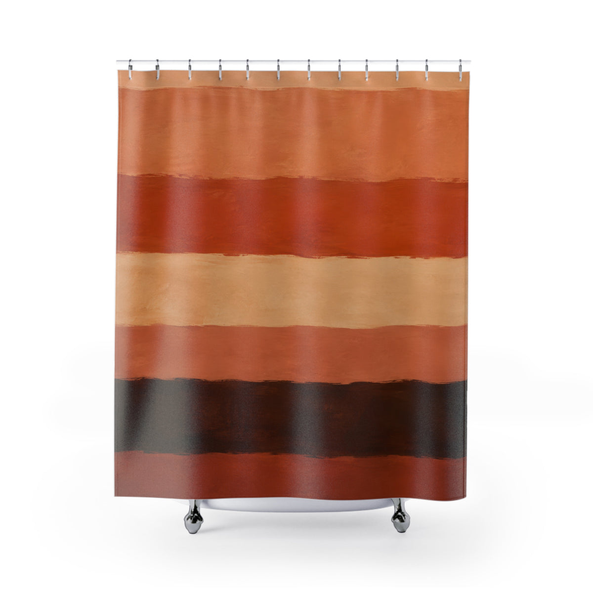 Painterly wide terracotta cream and umber horizontal stripes shower curtain with full front view