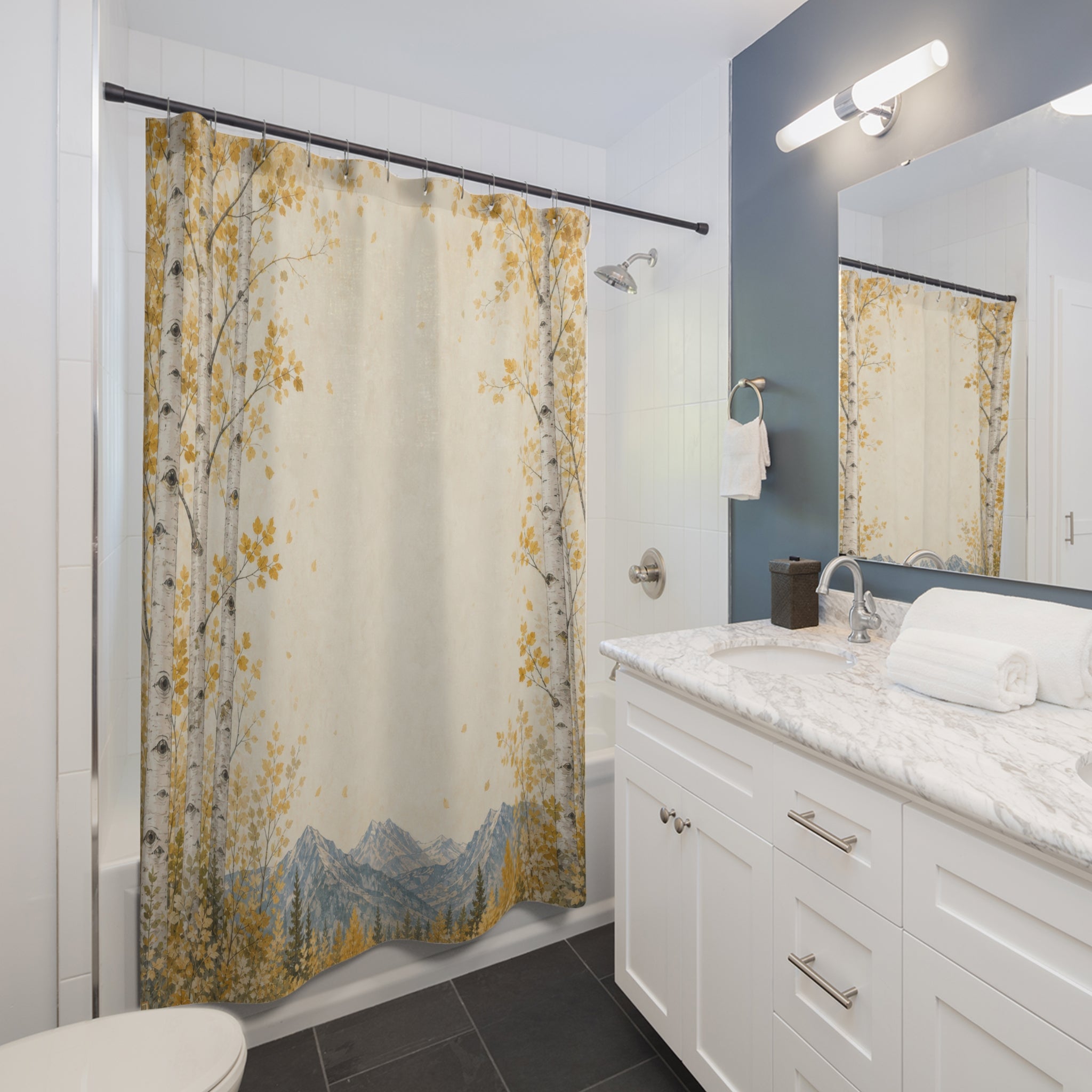 Aspen Border Shower Curtain, Golden Leaf Mountain Bath Decor, Cream Forest Frame Pattern, Airy Nature Inspired Guest Bathroom Decor