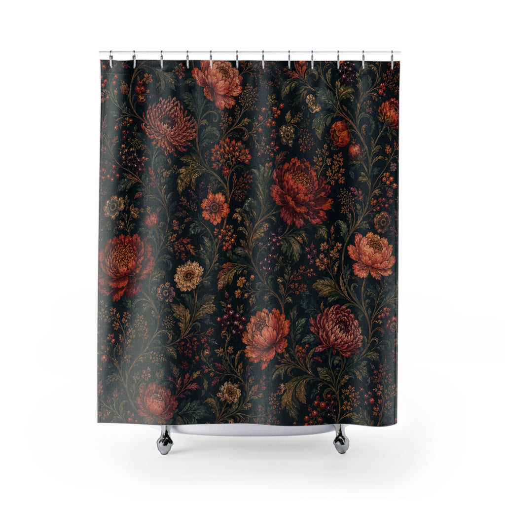 Teal Boho Chrysanthemum Dark Floral Shower Curtain