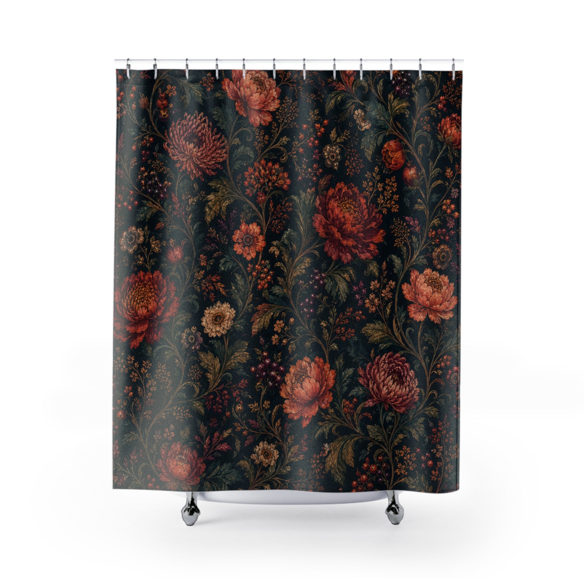 Teal Boho Chrysanthemum Dark Floral Shower Curtain