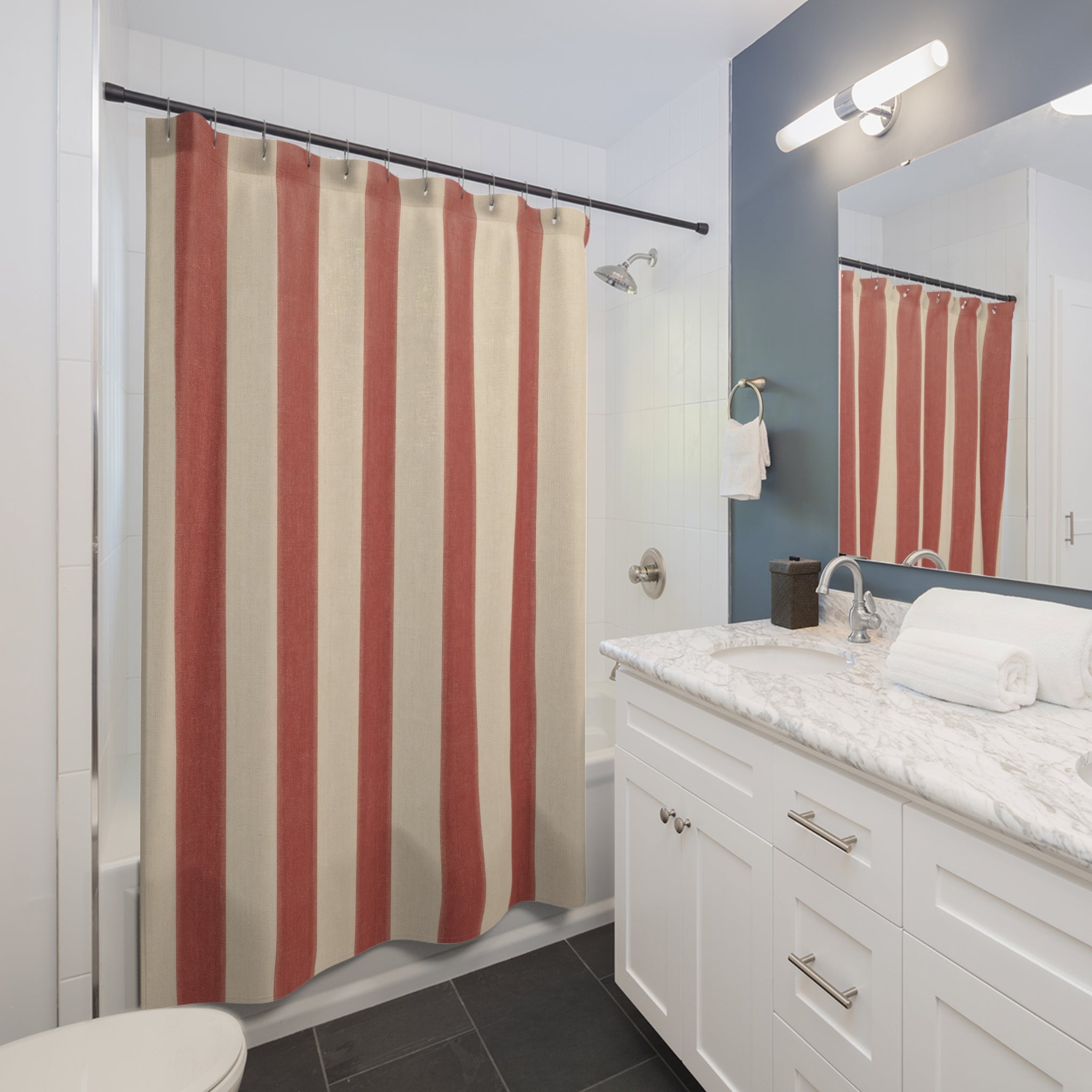 Brick Red and White Stripe Shower Curtain