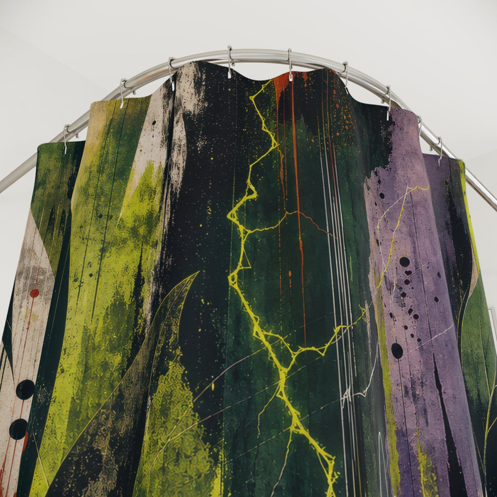 Green Botanical Shower Curtain, Dark Leaf Abstract Art, Purple Black Modern Bath Decor, Moody Nature Inspired Guest Bath, Bold Decor