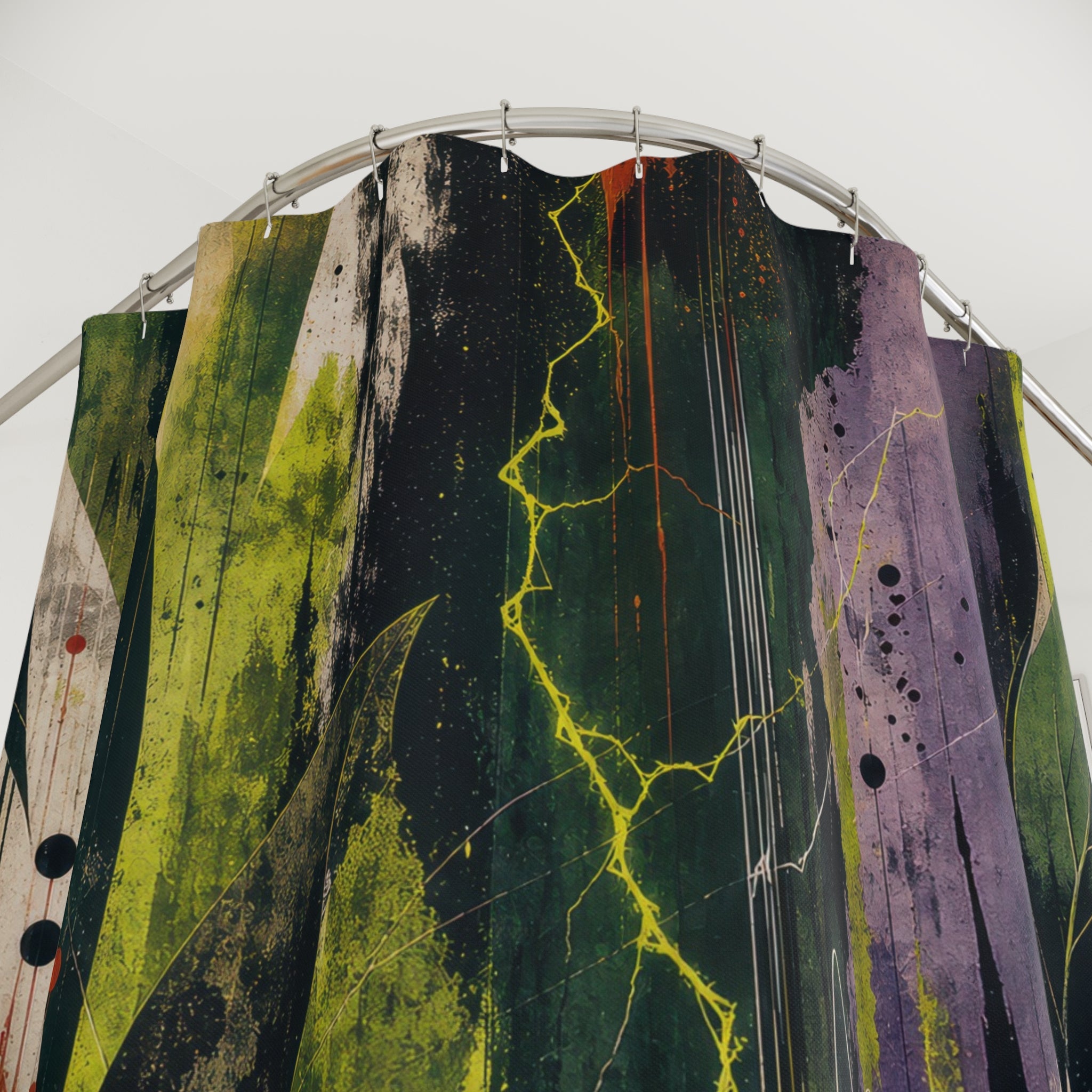 Green Botanical Shower Curtain, Dark Leaf Abstract Art, Purple Black Modern Bath Decor, Moody Nature Inspired Guest Bath, Bold Decor