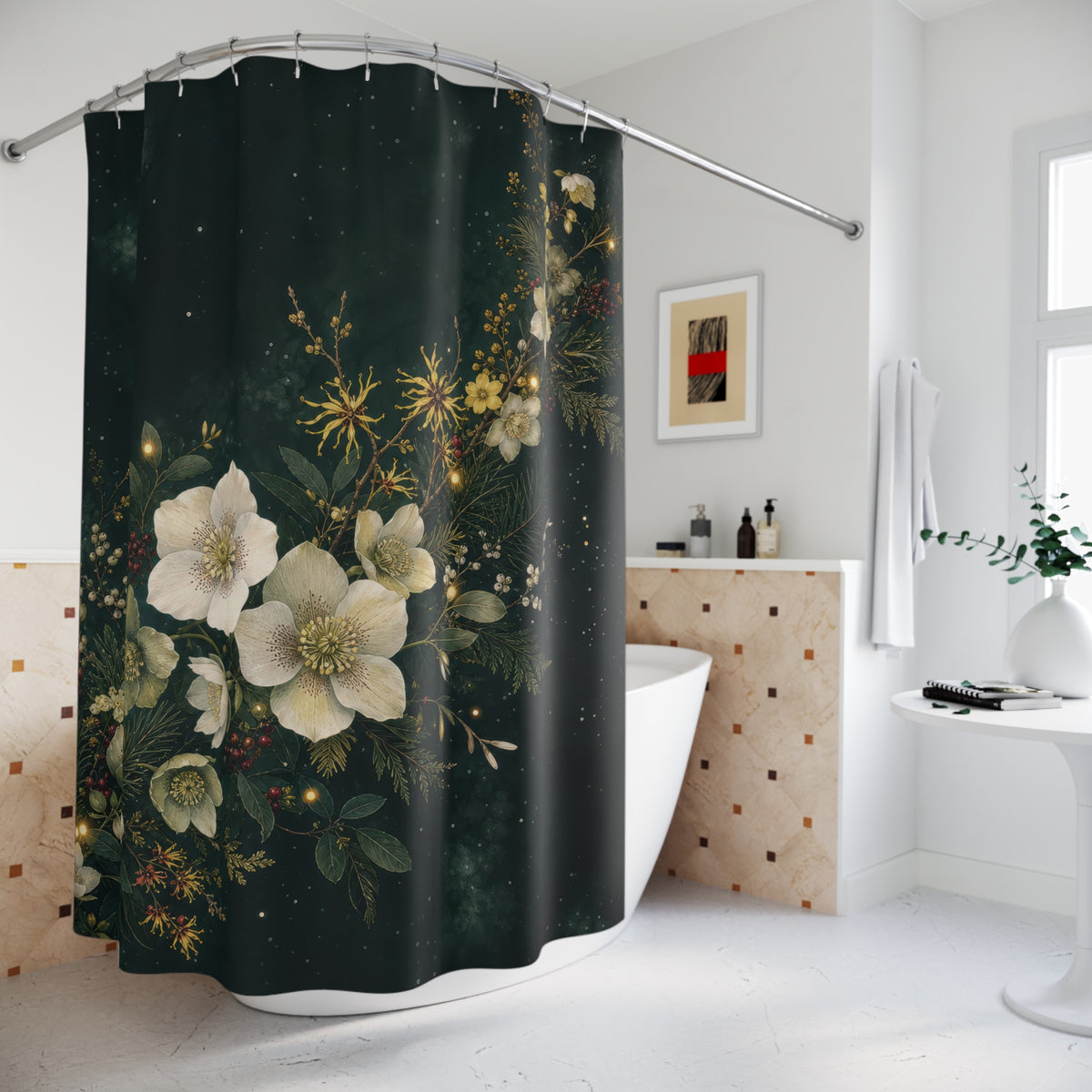 Winter hellebores and evergreen garland on forest green shower curtain beside a freestanding tub