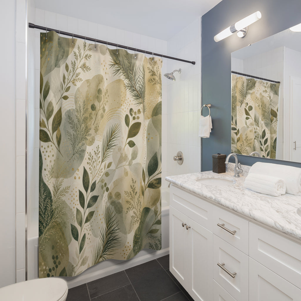 Green Botanical Shower Curtain, Beige Sage Bath Decor, Soft Leaf Abstract Pattern, Soft Organic Neutral Guest Bathroom Decor Style