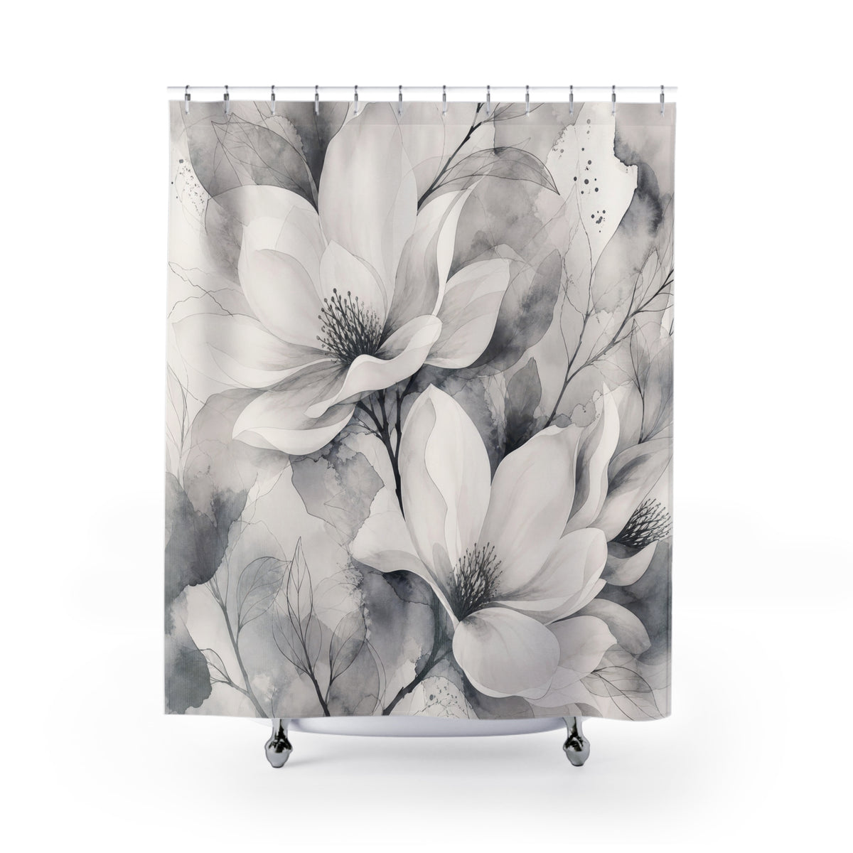 White Magnolia Grey Shower Curtain