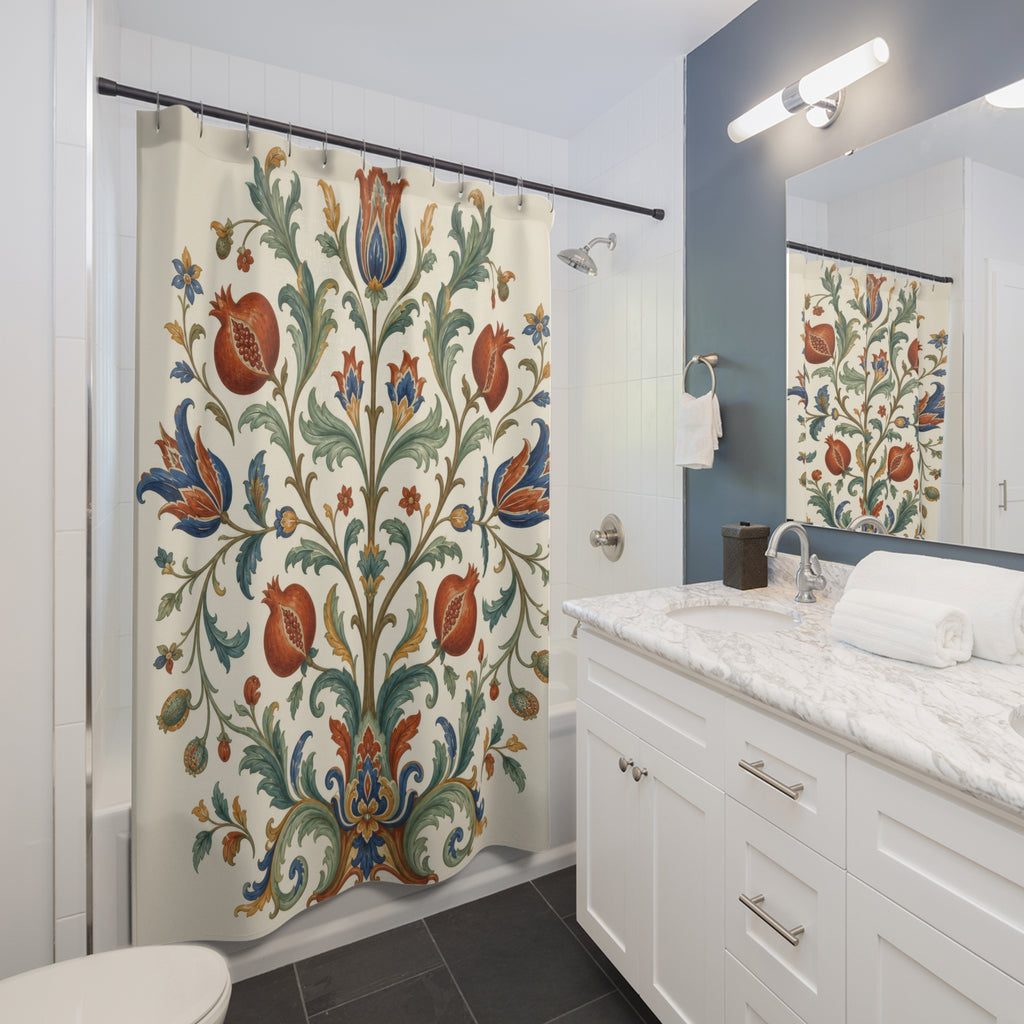 Warm ivory Jacobean tree of life floral shower curtain beside a white vanity
