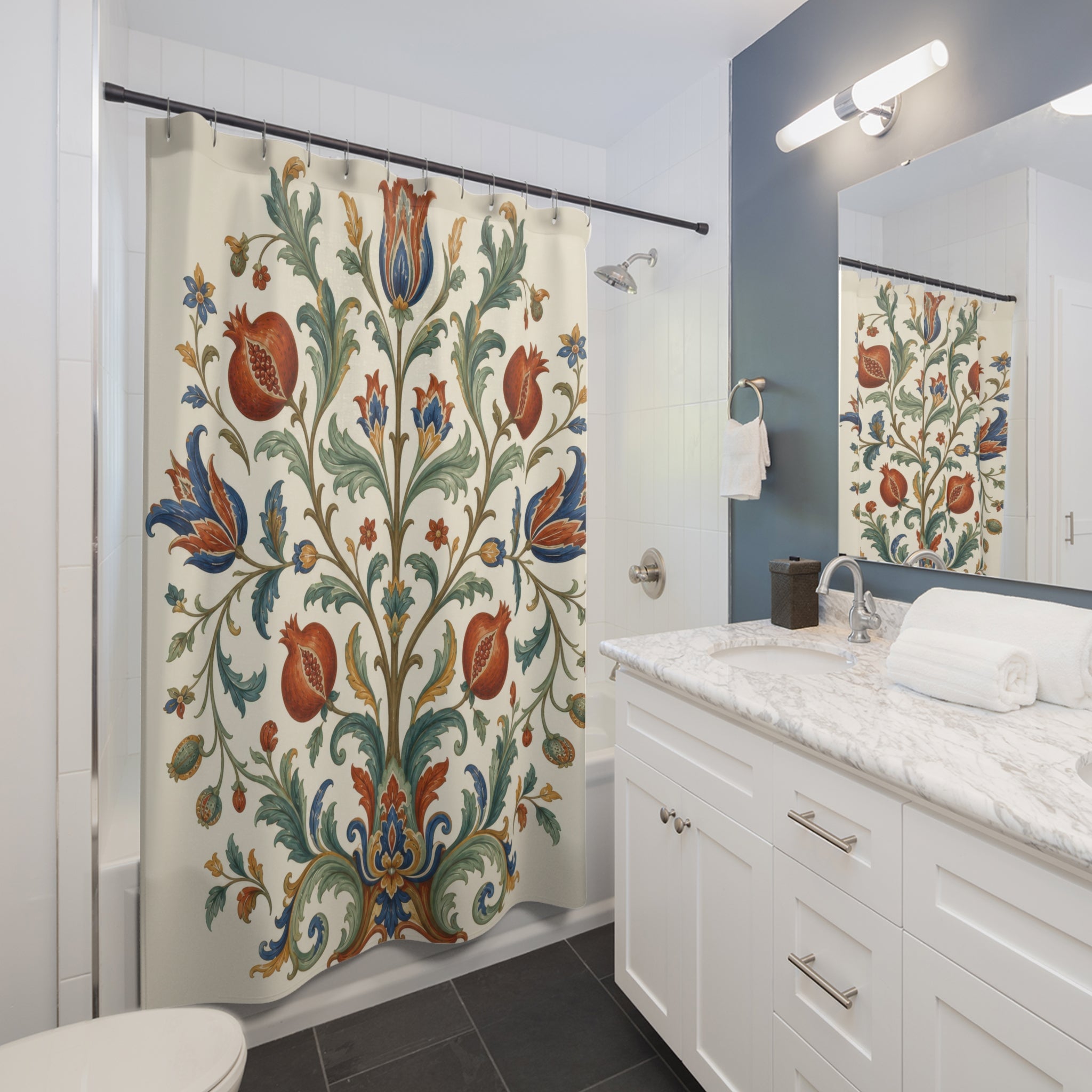 Warm ivory Jacobean tree of life floral shower curtain beside a white vanity