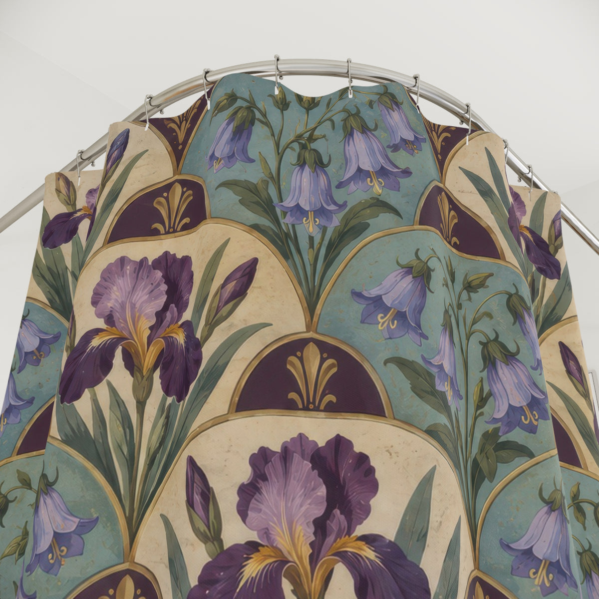 Purple iris and bluebells in a scalloped tile repeat shower curtain with close-up print, hooks, and folds