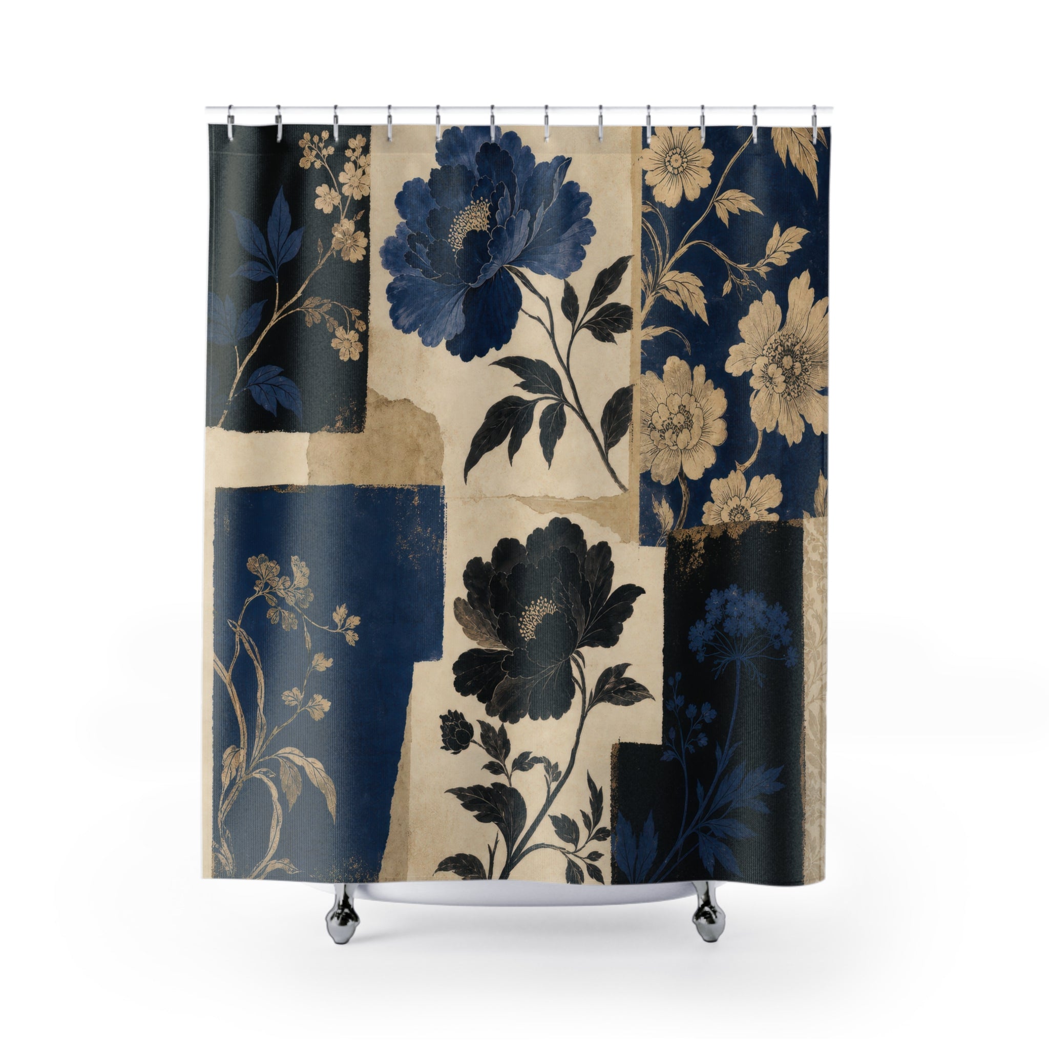 Navy Black Botanical Blue Floral Shower Curtain