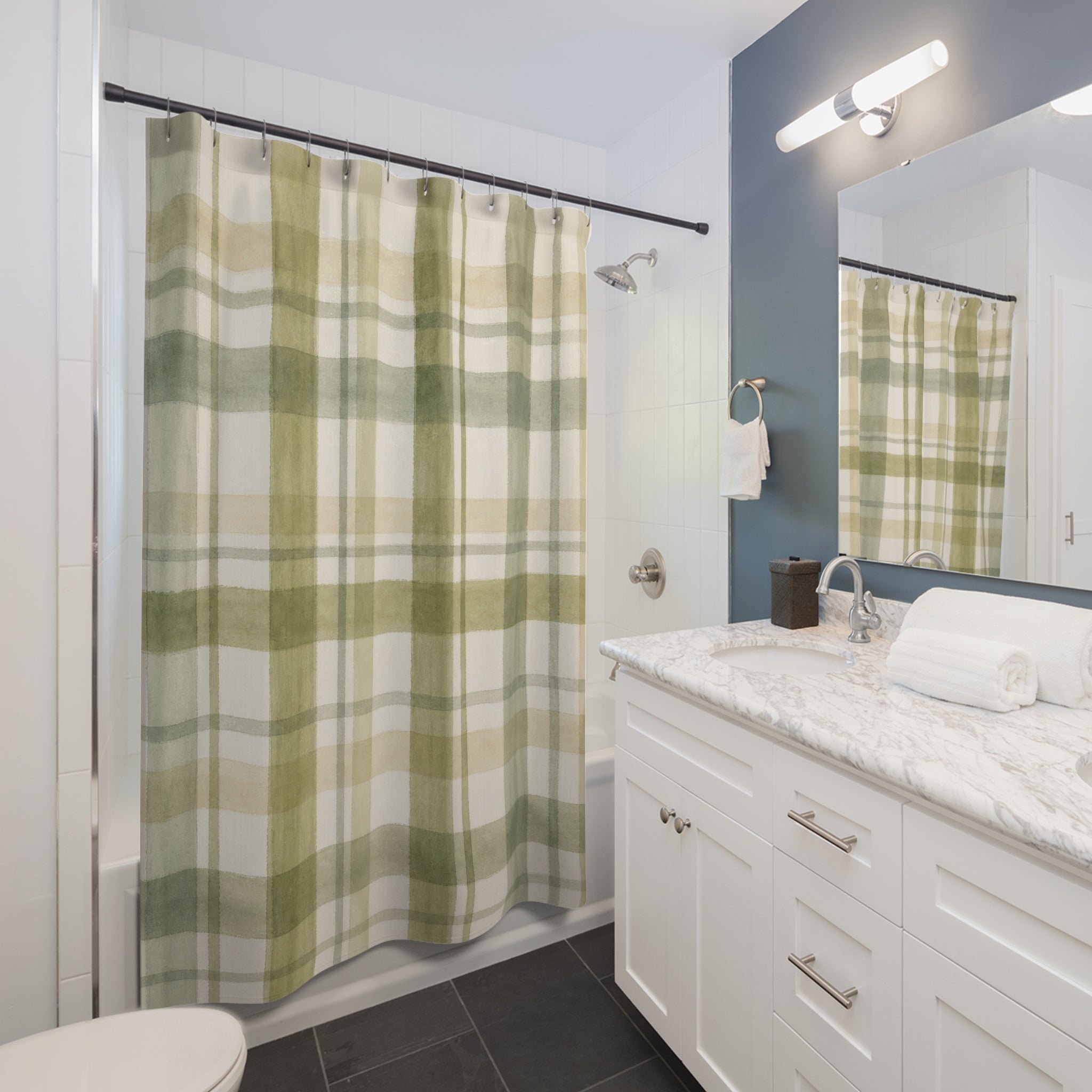 Moss Cream Farmhouse Check Shower Curtain