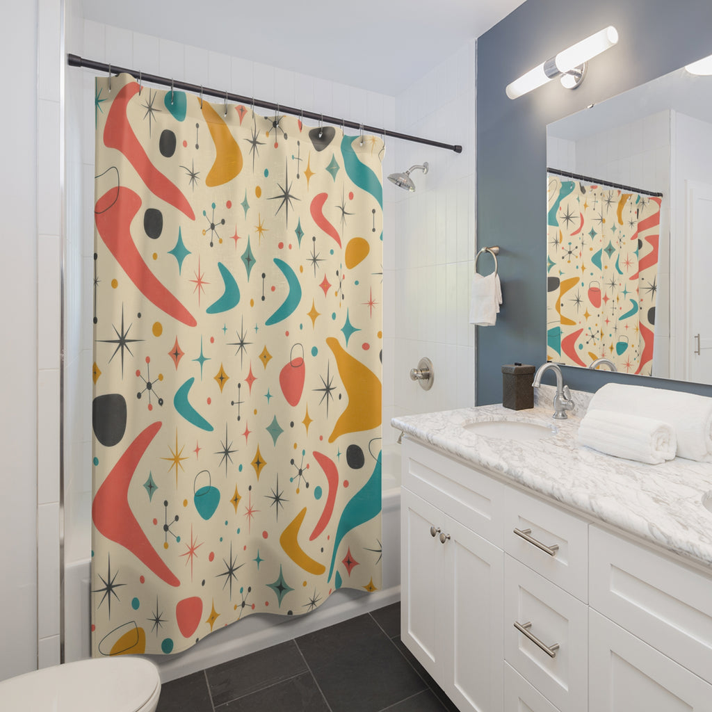 50s Shower Curtain, Retro Atomic Bath Decor, Teal Orange Yellow Starburst Pattern, Mid Century Modern Cream Guest Bathroom Style Decor
