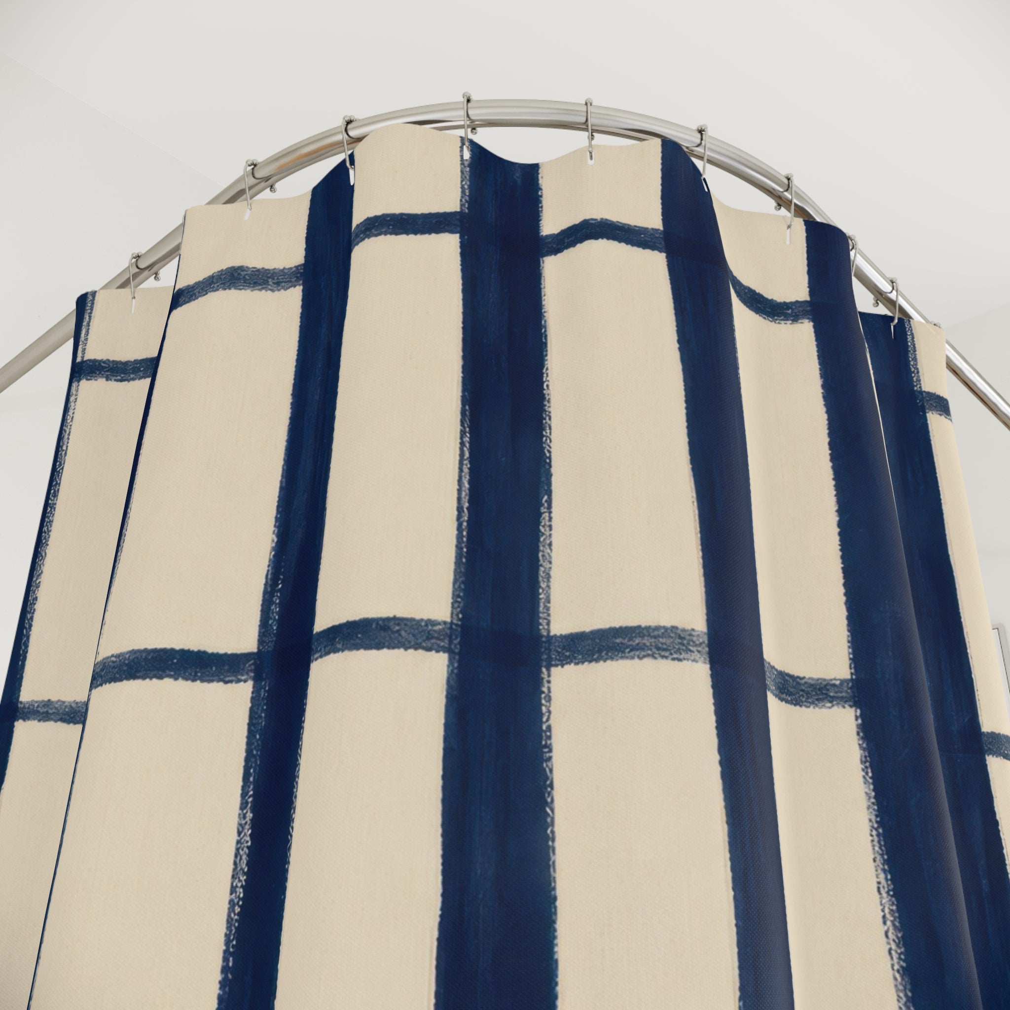 Navy Blue Cream Windowpane Shower Curtain