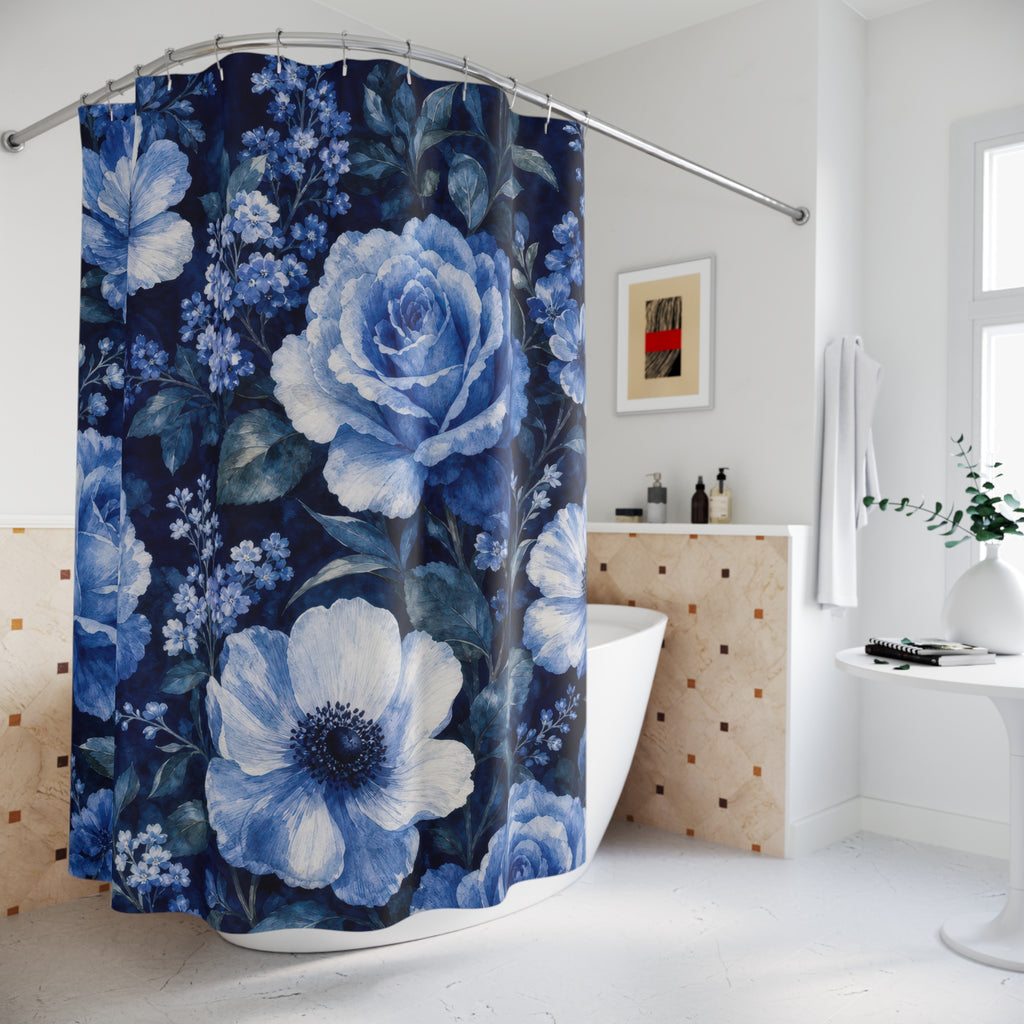 Navy Floral Shower Curtain, Navy Blue Botanical Bathroom Decor, Dark Floral Bath Curtain, Guest Bath Decor, Small Bathroom Decor, Home Decor