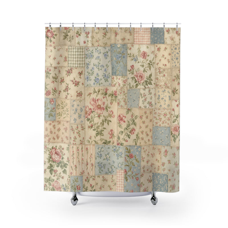 Vintage Floral Patchwork Cottagecore shower curtain with full front view