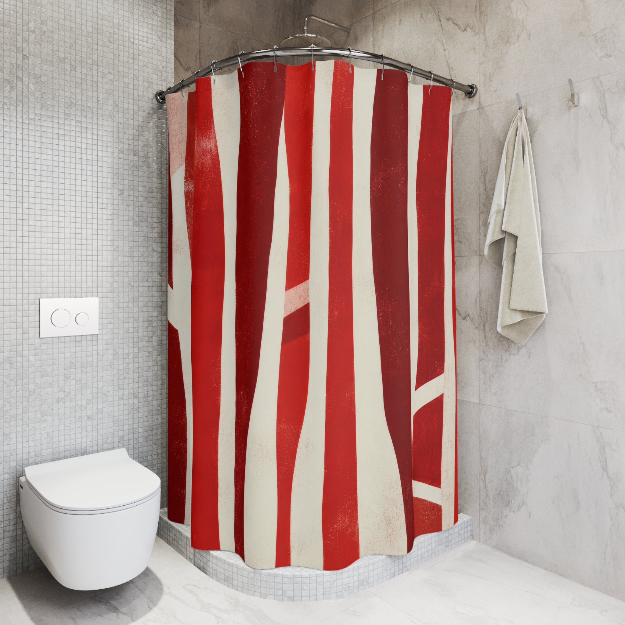 Red and White Striped Shower Curtain, Abstract Modern Stripe Bath Decor, Graphic Red White Art Curtain, Unusual Modern Guest Bathroom