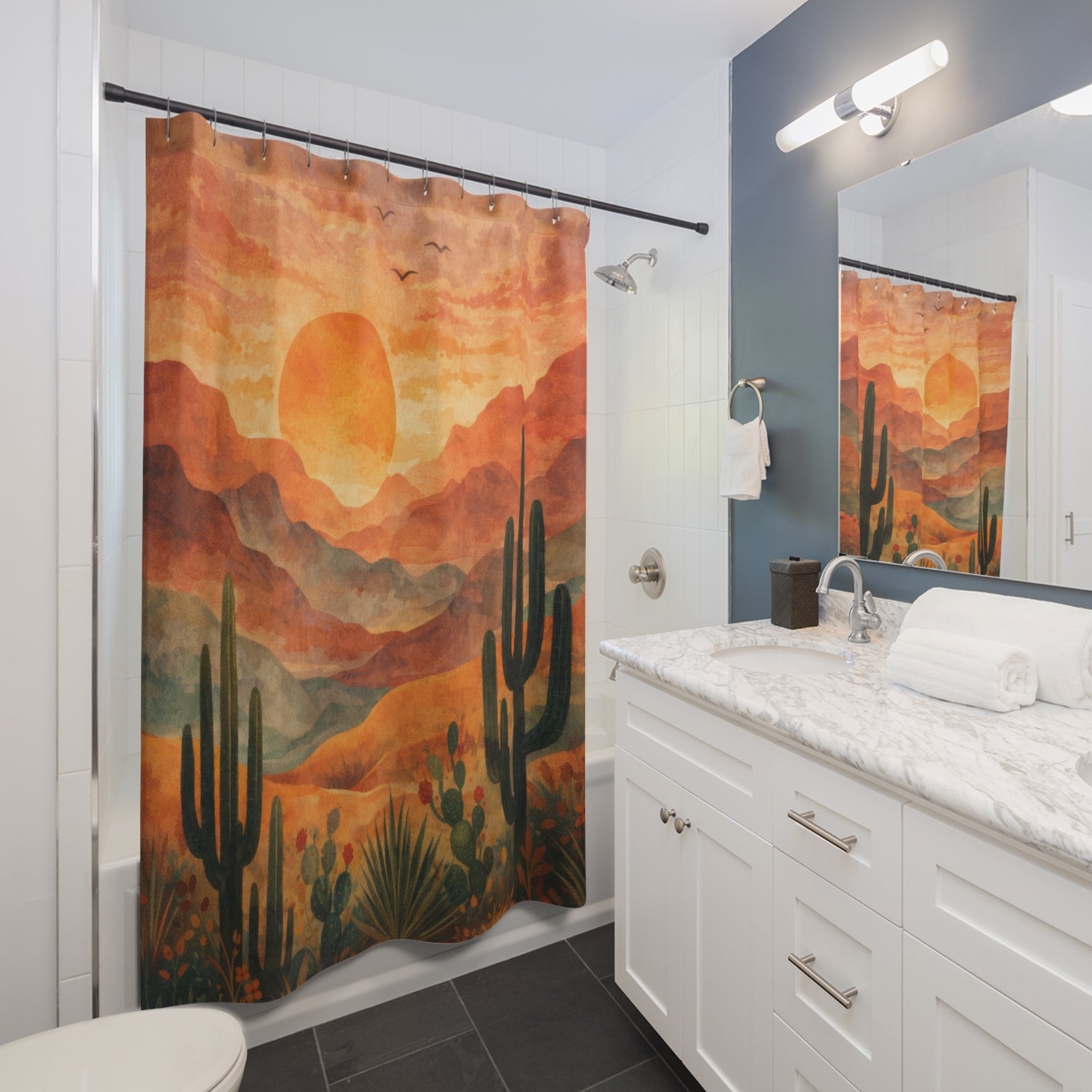 Boho Desert Cactus Shower Curtain – Terracotta Sunset
