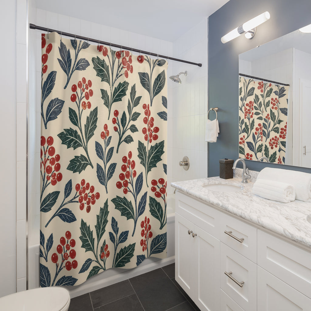 Red winter berry block print on cream shower curtain beside a white vanity