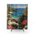 Hawaiian cats beside a turquoise cove shower curtain with full front view