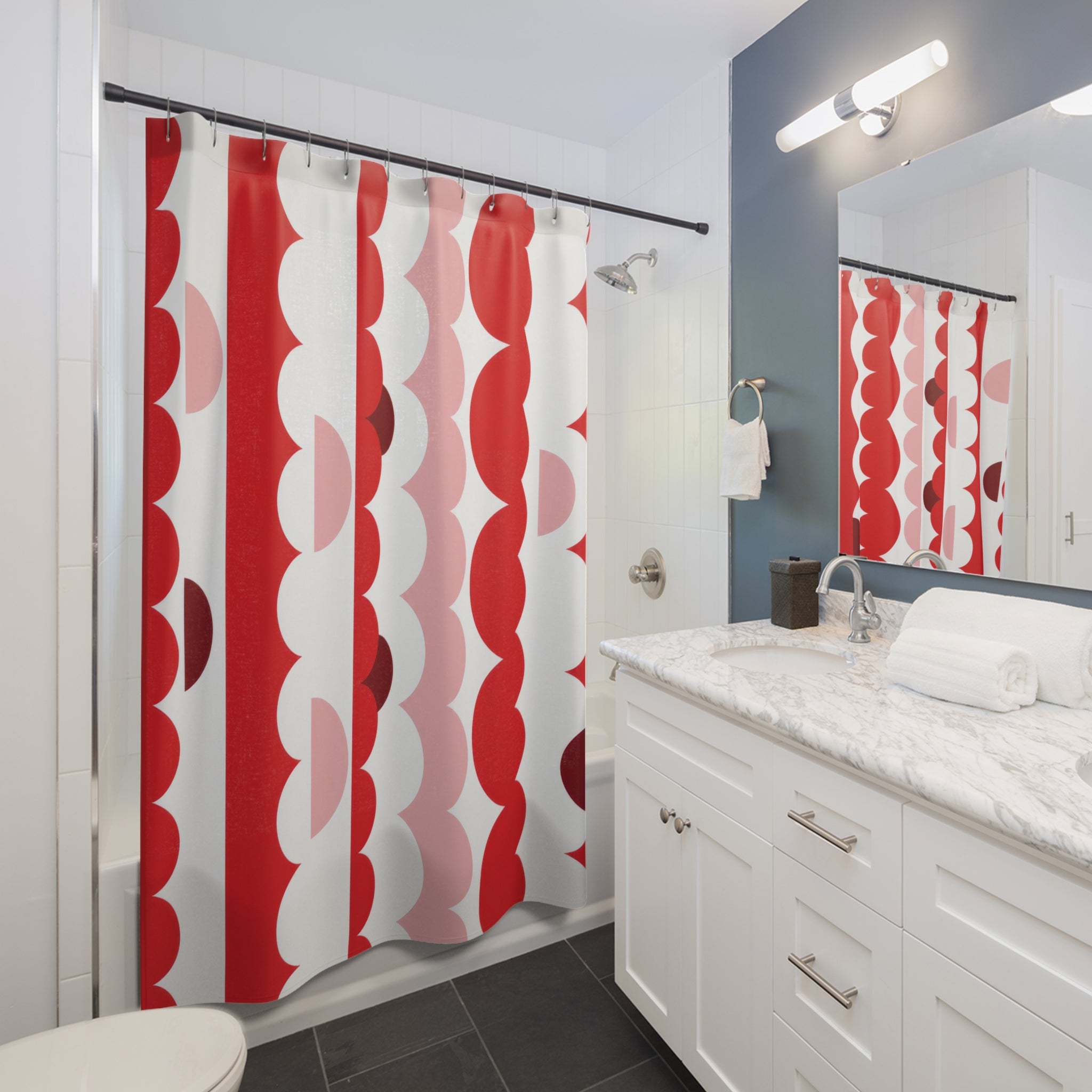 Red & White Ribbon Scalloped Shower Curtain