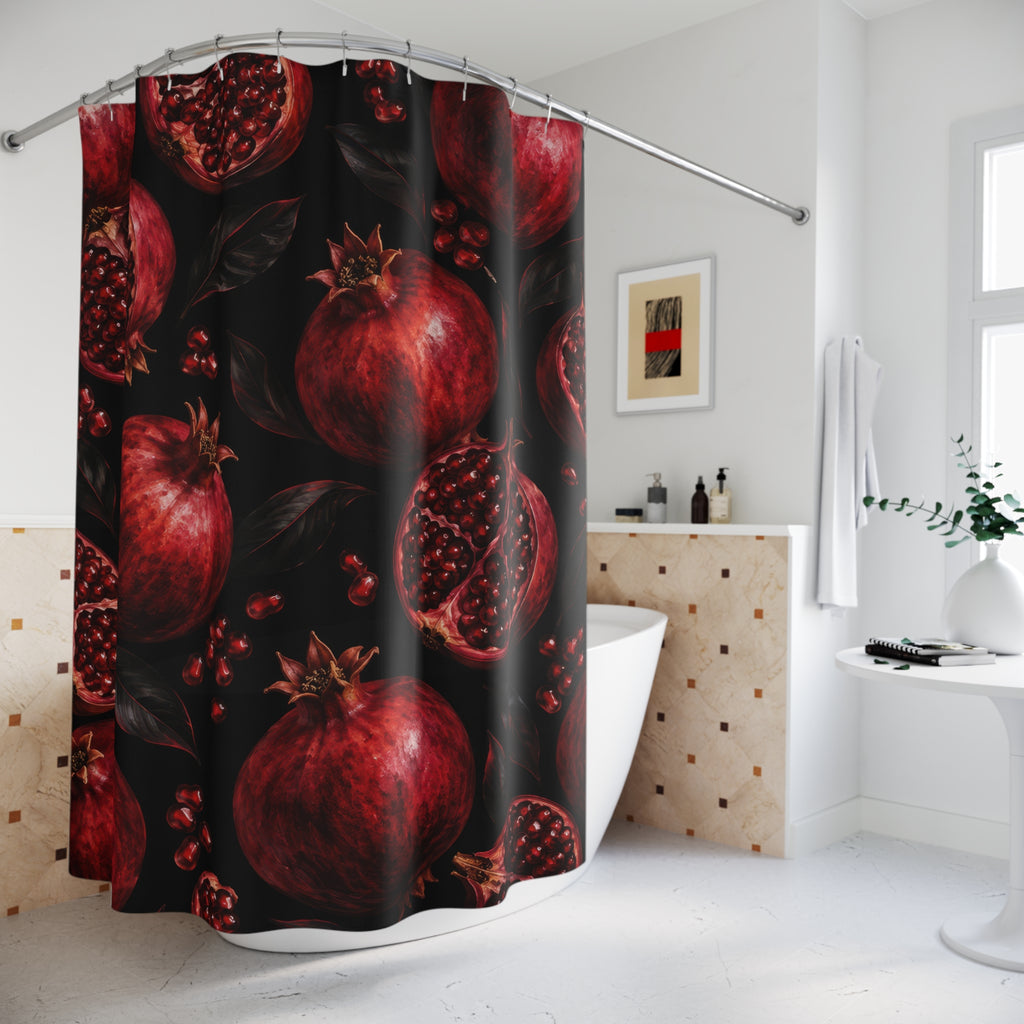 Ruby pomegranates and red seeds with black leaves shower curtain beside a freestanding tub