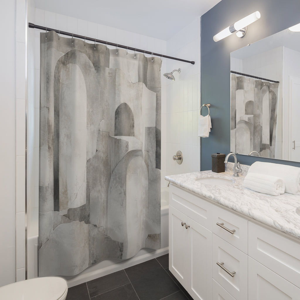 Architectural Shower Curtain, Gray Geometric Bath Decor, Abstract Arch Pattern, Modern Neutral Guest Bathroom Decor, Urban Modern Style