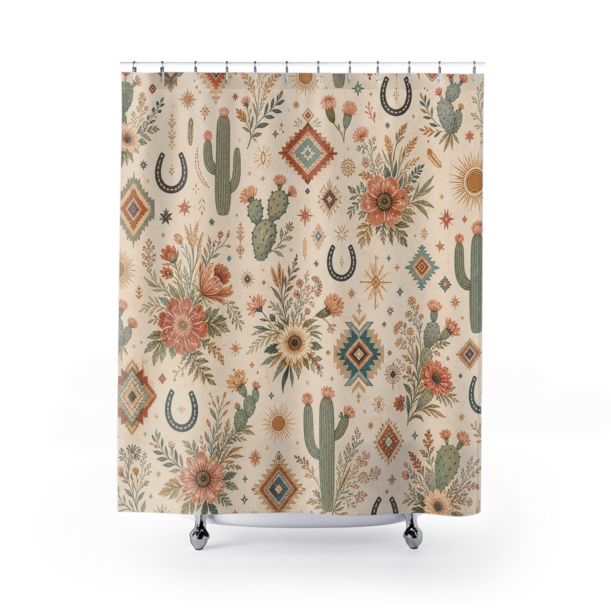 Western Boho Shower Curtain, Desert Flower Repeat Bath Decor, Terracotta Turquoise Horseshoe Pattern, Rustic Guest Bathroom Style Decor