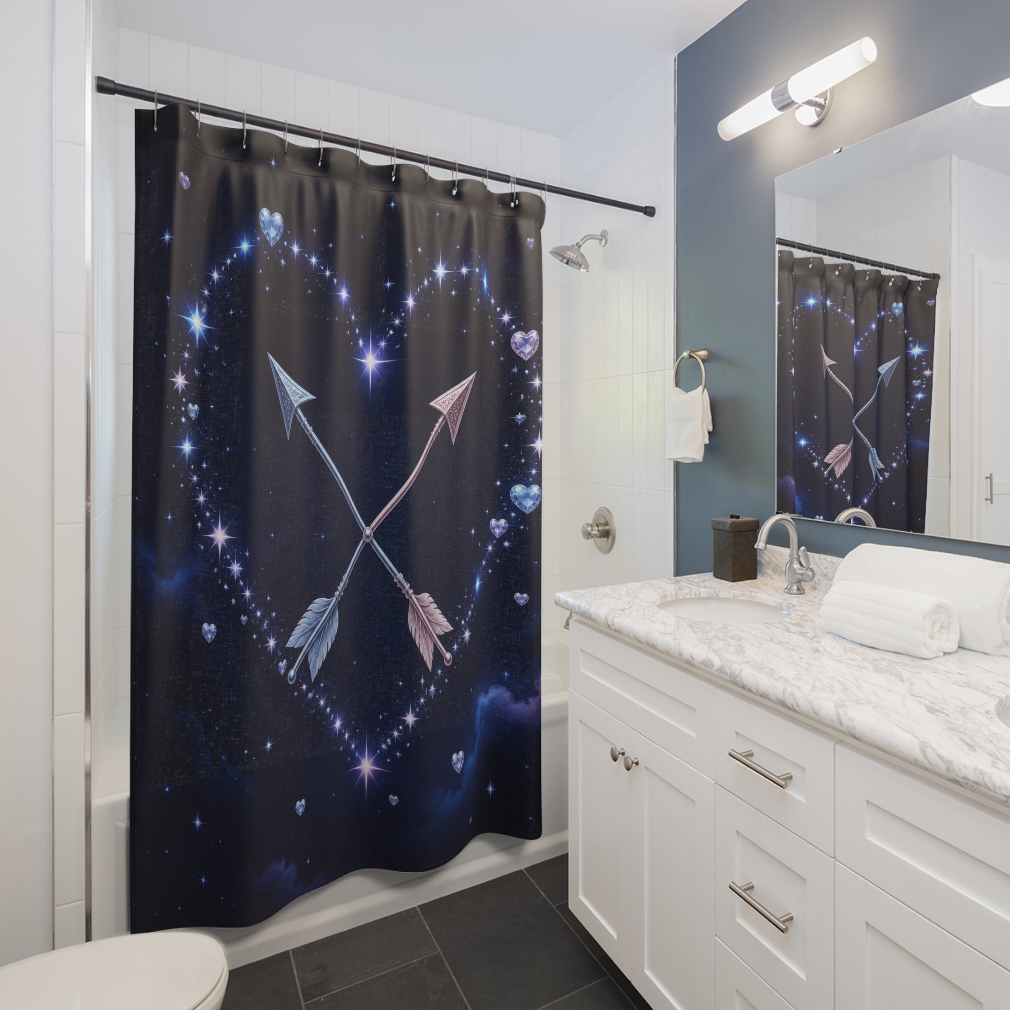Heart constellation with crossed arrows in navy sky shower curtain beside a white vanity