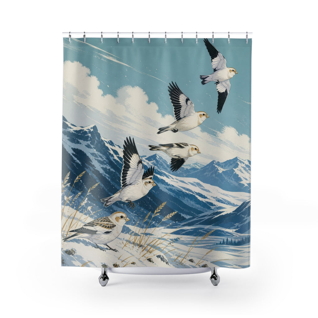 Snow buntings above blue mountains shower curtain with full front view