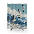 Snow buntings above blue mountains shower curtain with full front view