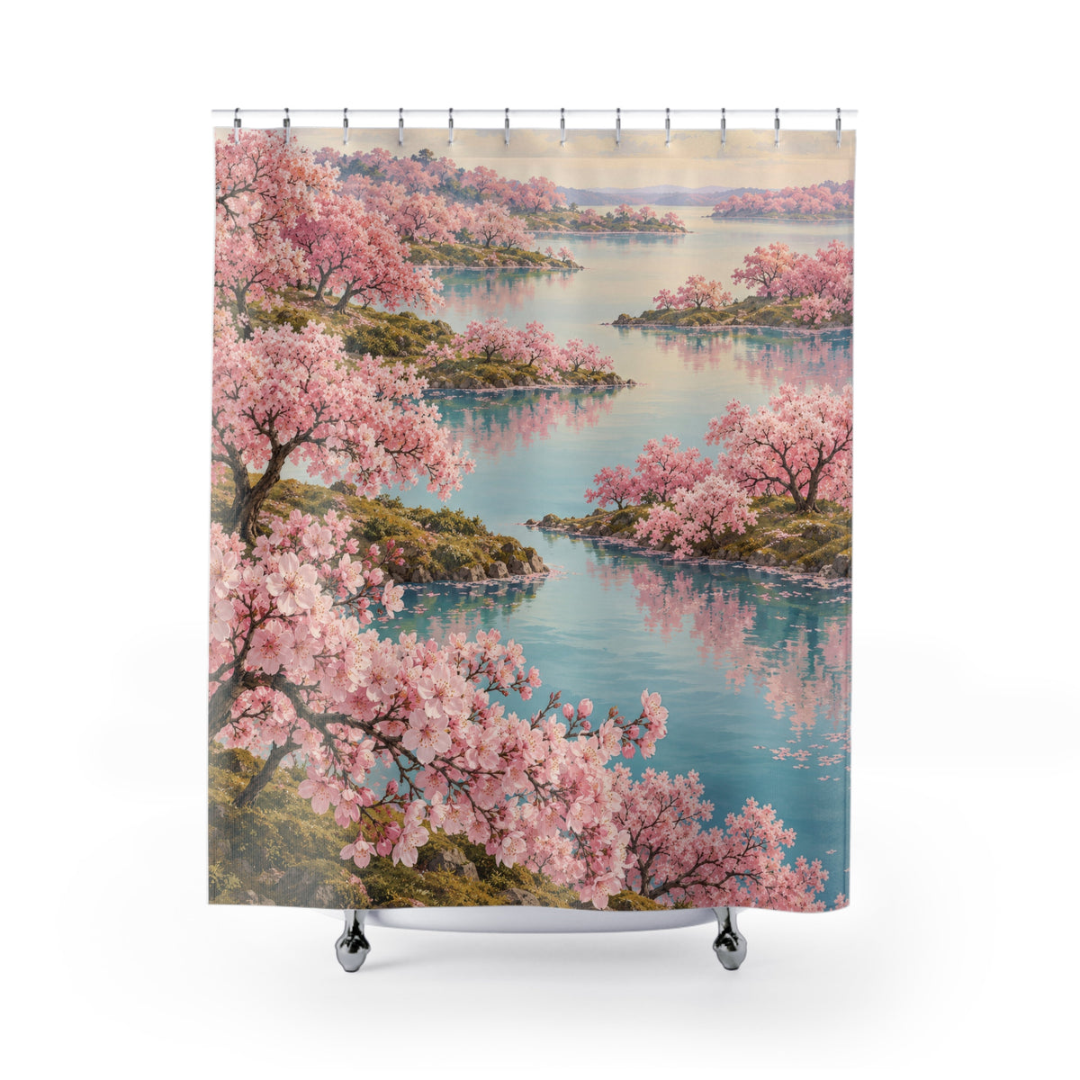 Pink cherry trees reflected in an aqua lake shower curtain with full front view