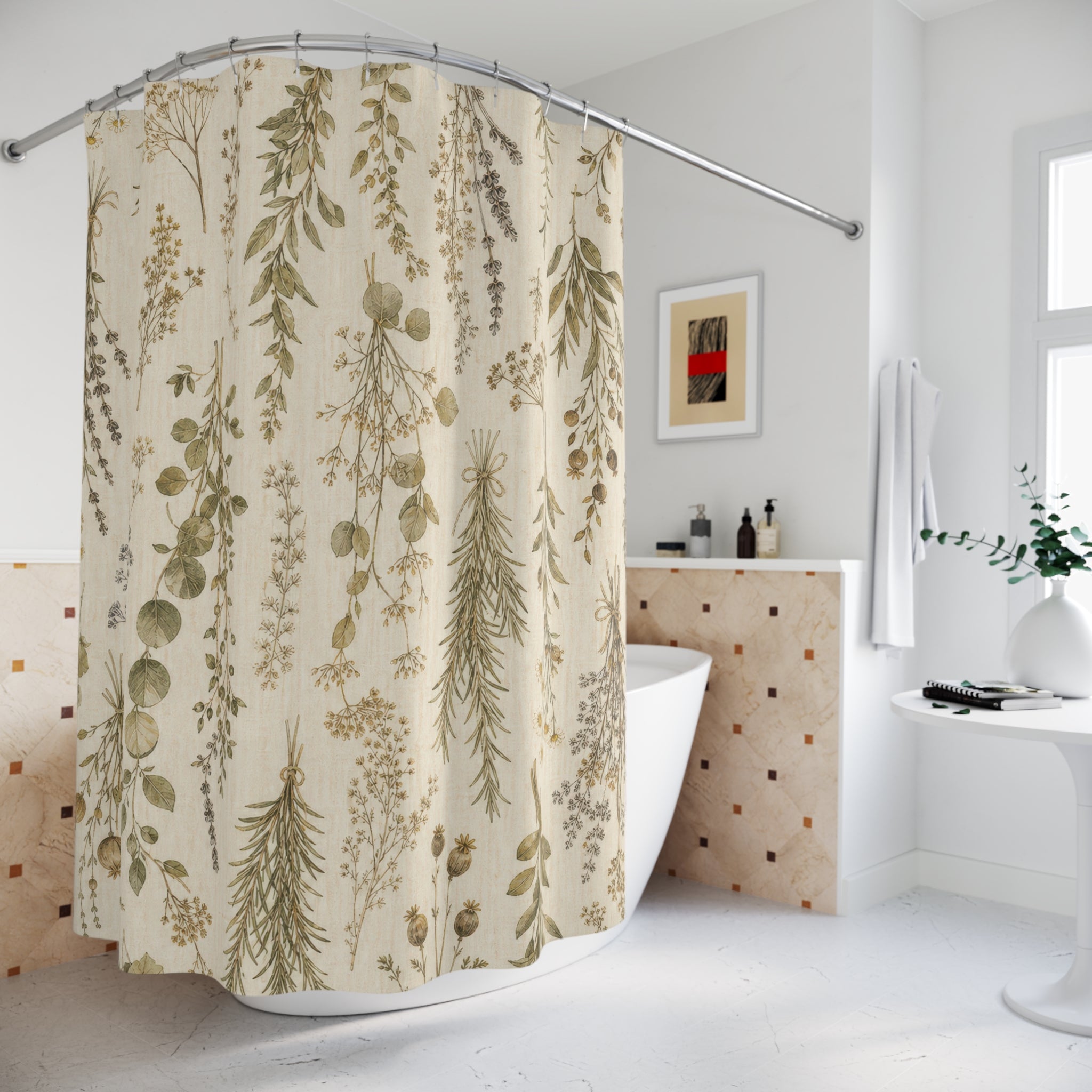 Botanical Shower Curtain, Farmhouse Herb Bath Decor, Hanging Greenery Pattern, Rustic Guest Bathroom Decor, Cream Garden Style Decor