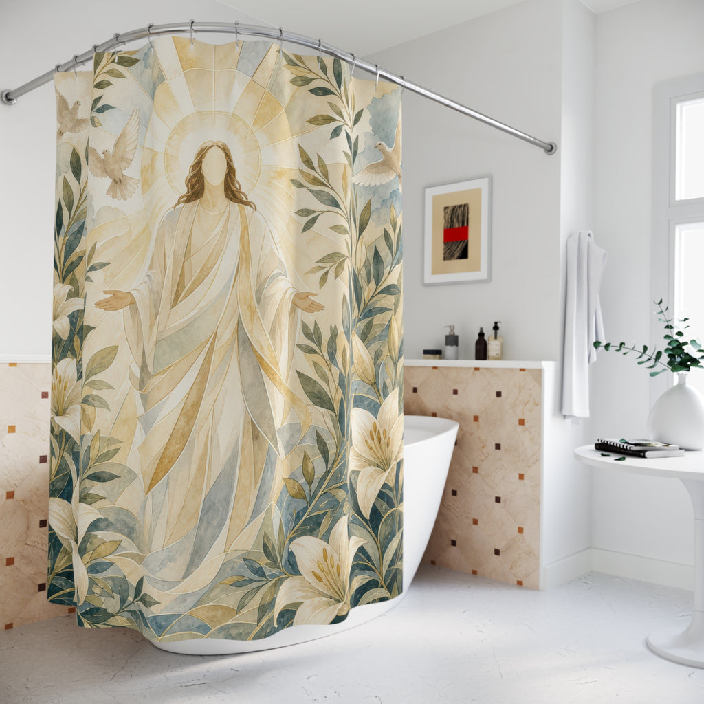 Jesus Shower Curtain, Christian Floral Lily Scene, Religious Bathroom Decor, Peaceful Guest Bath Inspirational Art Style