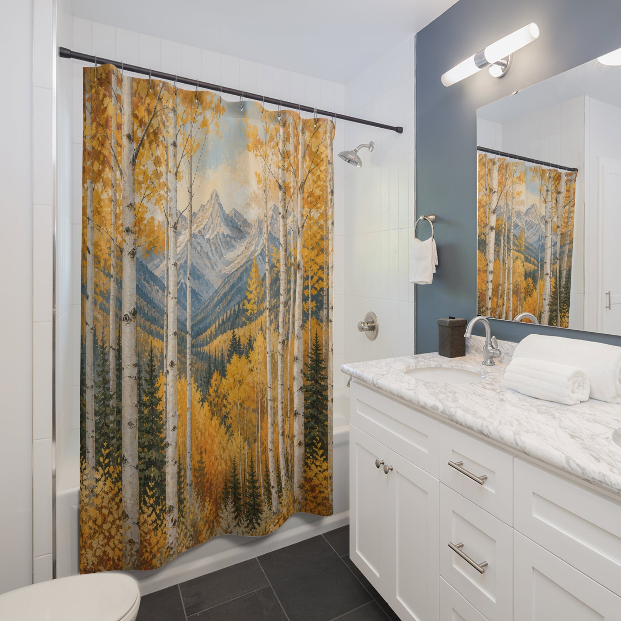 Aspen Shower Curtain, Autumn Mountain Forest Bath Decor, White Birch Tree Golden Leaf Pattern, Nature Inspired Guest Bathroom Decor