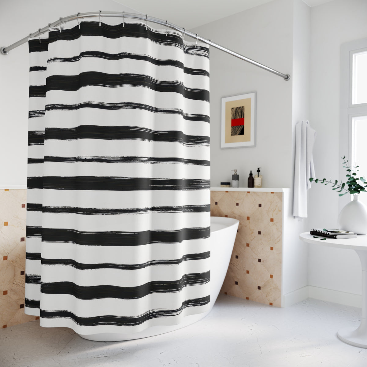 Horizontal black brush stripes with dry ink edges on white shower curtain beside a freestanding tub