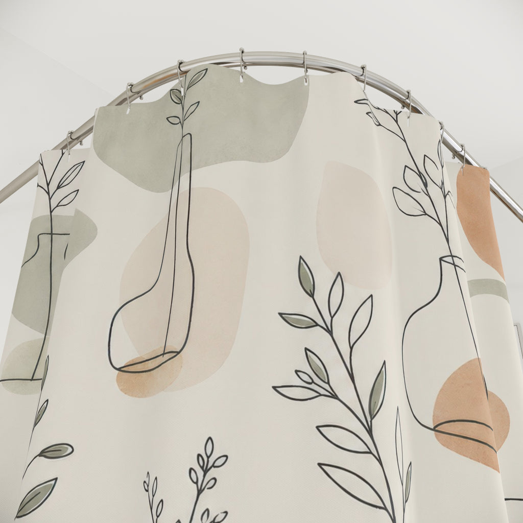 Botanical Shower Curtain, Minimal Vase Line Art Pattern, Beige Modern Bathroom Decor, Soft Neutral Guest Bath Apartment Style
