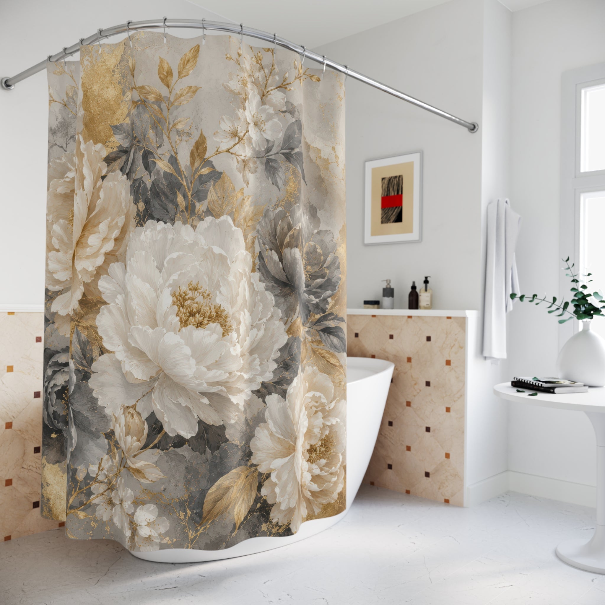 Gold Grey Floral Shower Curtain: White Peony