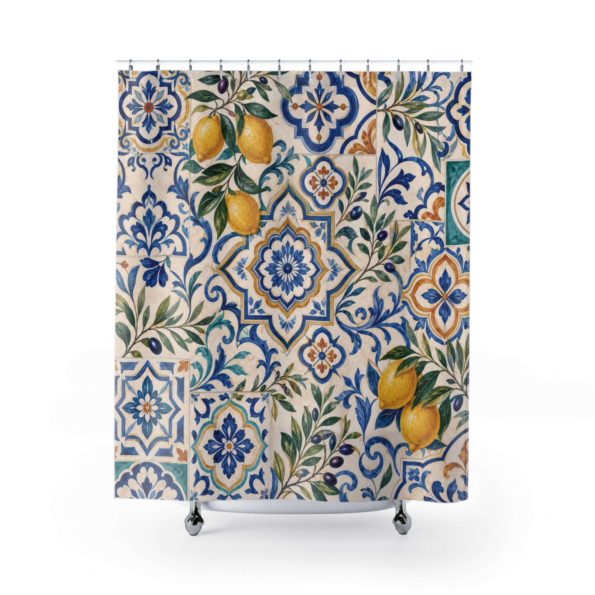 Mediterranean Shower Curtain: Blue Yellow Tile Pattern Lemons